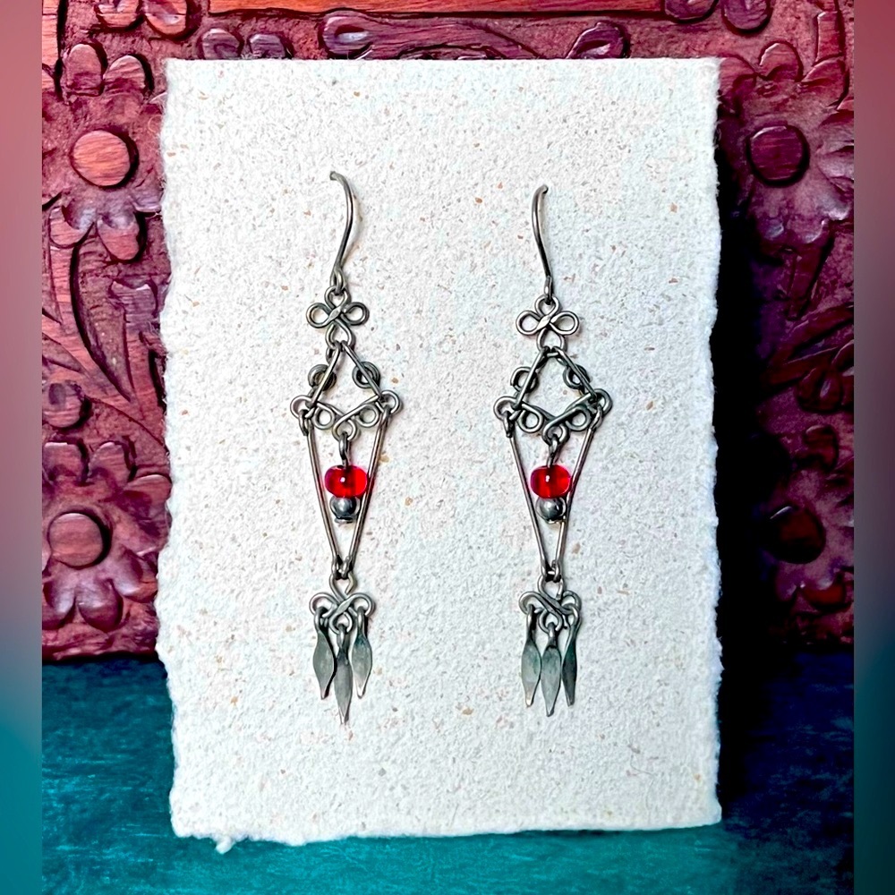 Vintage Silver and Red Dangle Earrings